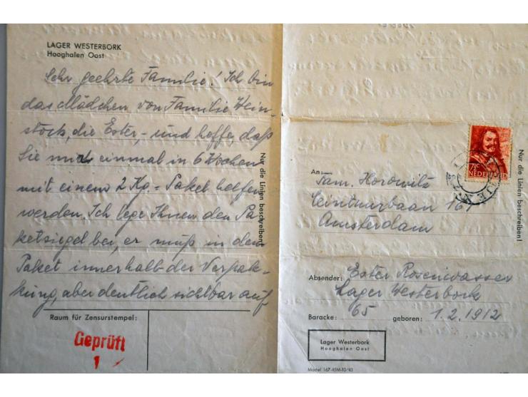 Westerbork 3 voordrukbladen 1944 (w.b. stempel POSTERIJEN) met Geprüft 1, 2 en 4, voorgedrukt (getint) bedankenvelopje en bri