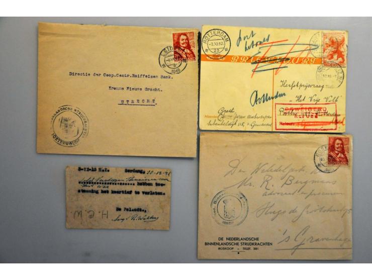1944-1945, groot aantal (zeer overwegend) binnenlandse poststukken w.b. vertraagde post, open 4, zonder jaarkarakter, particu