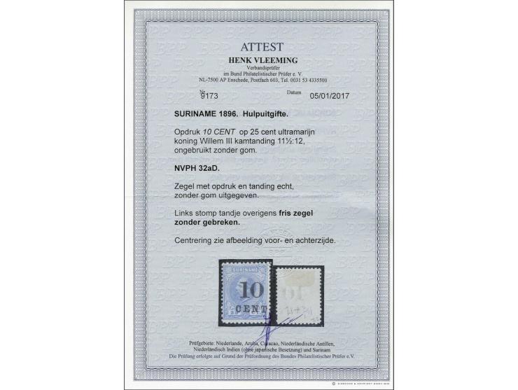 Hulpuitgifte 10 op 25 cent ultramarijn tanding 11½ x 12, pracht ex. (stomp tandje links) met certificaat Vleeming 2017, cat.w