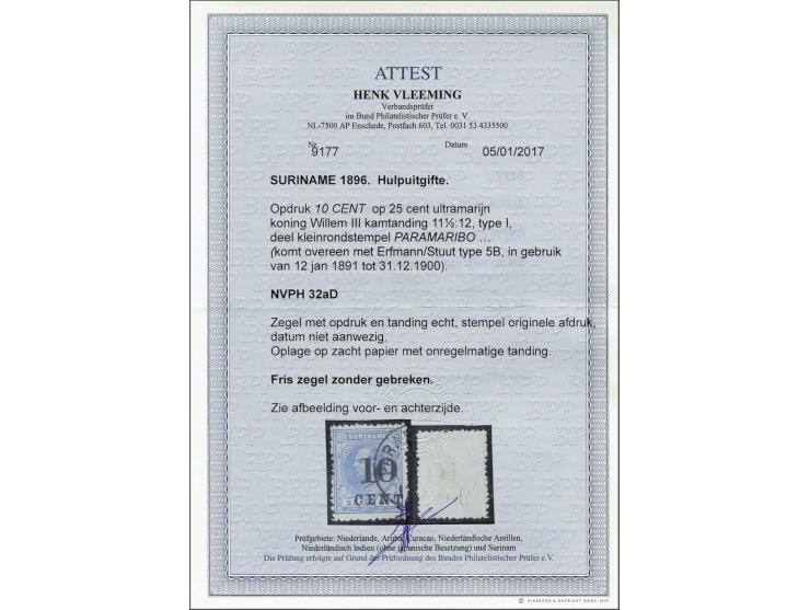 Hulpuitgifte 10 op 25 cent ultramarijn tanding 11½ x 12 type I, pracht ex. met certificaat Vleeming 2017, cat.w. 825