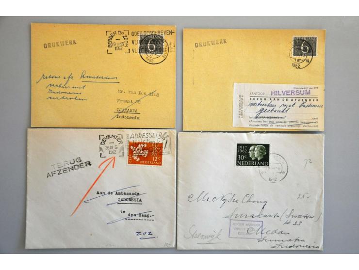 7 poststukken naar Indonesië okt.1957 en maart 1962 alle met aanduiding (w.b. stempels en 1 strook) retour afzender of postve