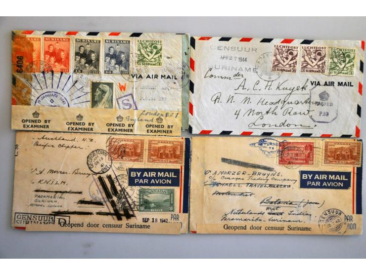 Suriname 1940-1945, 39 poststukken met censuur, veel luchtpost