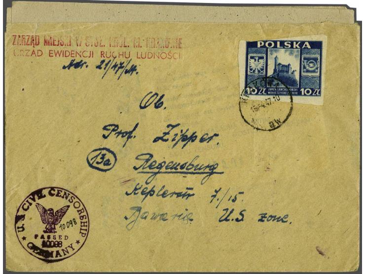 Polen envelop (met inhoud, 10 Zl frankering, geschreven 3.IV. 1947) Krakowa 15.4.47 naar Regensburg US Zone, 4-talig inlegvel