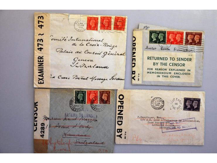 Zwitserland 1939-1945, 195 poststukken van/naar Engeland met censuur w.b. retourstempels en stroken, via Lissabon, frankering