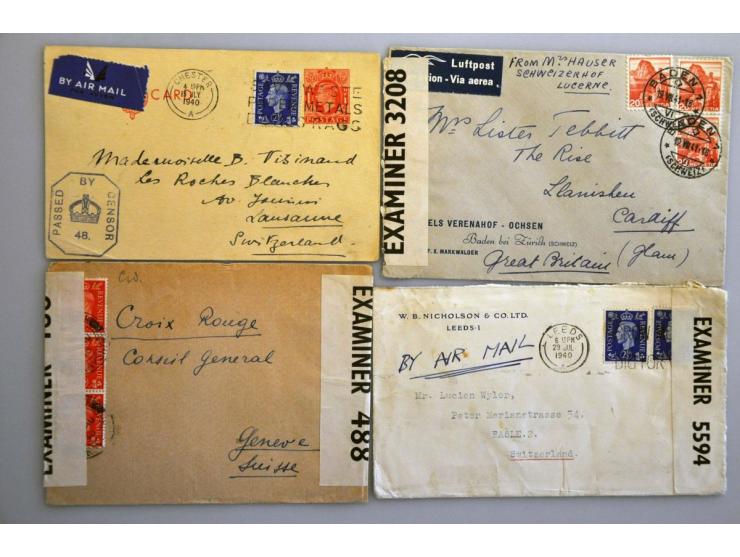Zwitserland 1939-1945, 195 poststukken van/naar Engeland met censuur w.b. retourstempels en stroken, via Lissabon, frankering