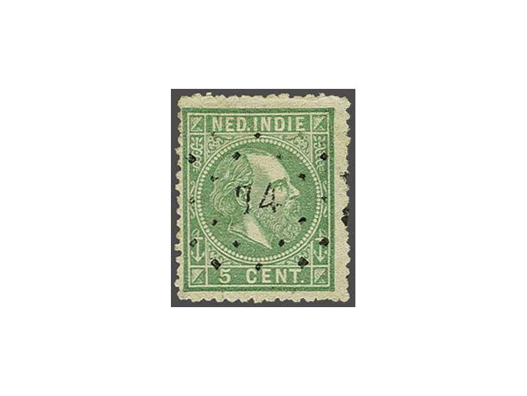Willem III 5 cent groen met puntstempel 74 - Kotaboemi - pracht ex. Één van de zeldzaamste puntstempels van Nederlands-Indië!