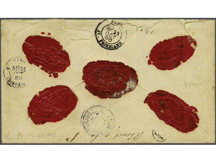 Willem III 10 cent oranjebruin tanding 12½ grote gaten, 15 cent grijsbruin tanding 12½ x 12 grote gaten en Cijfer 5 cent groe