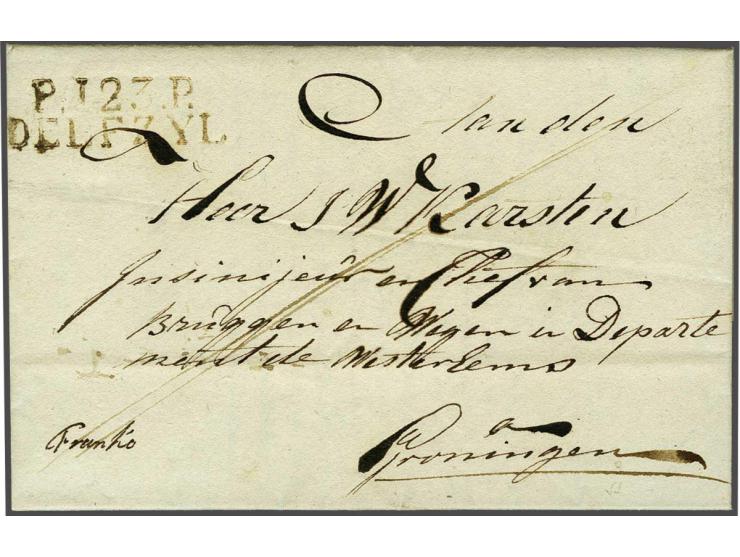 Complete brief 17-9-1812 naar Groningen met departementstempel P.123 P. Delfzyl in roodachtig zwart, zeer fris pracht ex. met