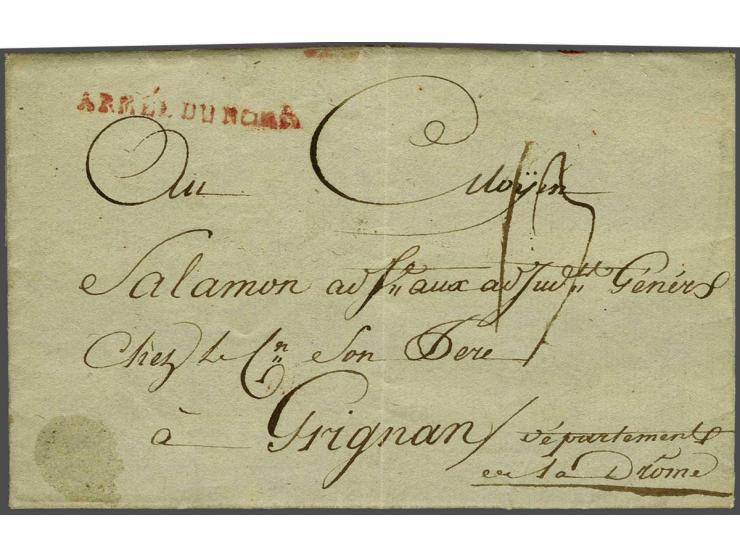 ARMÉE DU NORD (40x3 mm.) vrijwel pracht afdruk in rood op complete brief Armée du Nord 6e Division Wamel-Grignan 15 frimaire 