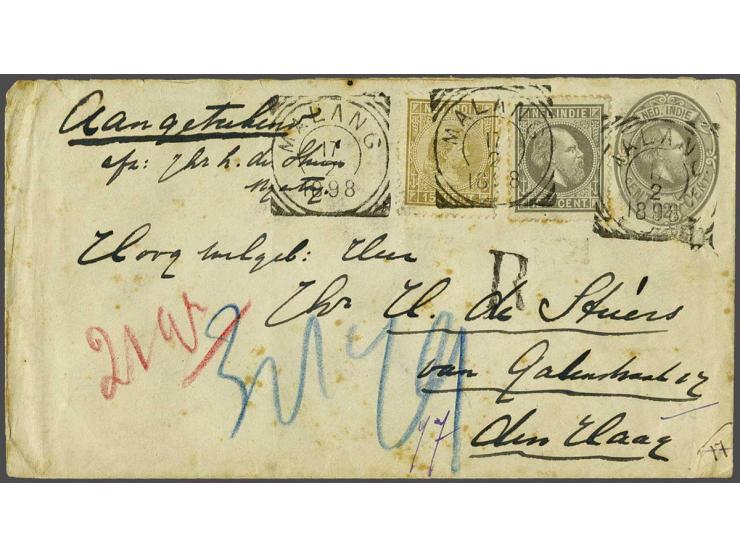Willem III 12½ cent grijs tanding 12½ kleine gaten en Hangend Haar 15 cent olijfbruin op aangetekende envelop 12½ cent G. nr.