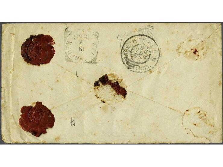Willem III 12½ cent grijs tanding 12½ kleine gaten en Hangend Haar 15 cent olijfbruin op aangetekende envelop 12½ cent G. nr.