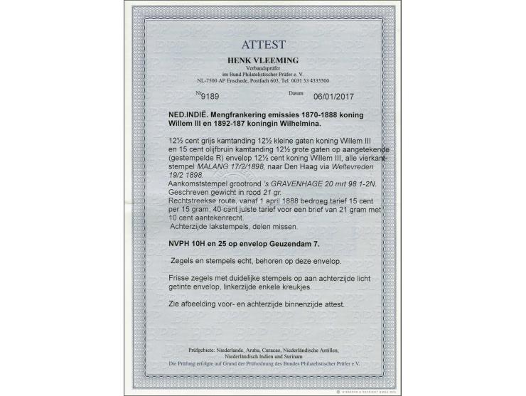 Willem III 12½ cent grijs tanding 12½ kleine gaten en Hangend Haar 15 cent olijfbruin op aangetekende envelop 12½ cent G. nr.