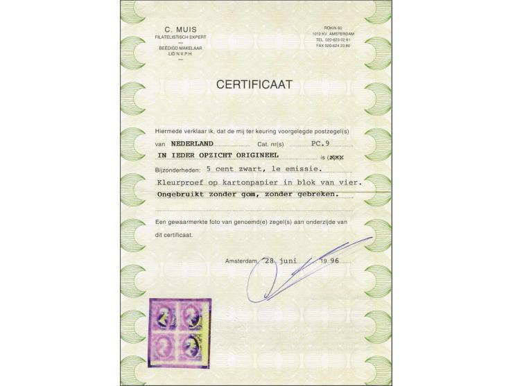 Proef in zwart op dik kartonpapier van de goedgekeurde plaat I van de 5 cent pos. 94-95 en 99-100 in blok van 4 met hoekvelra