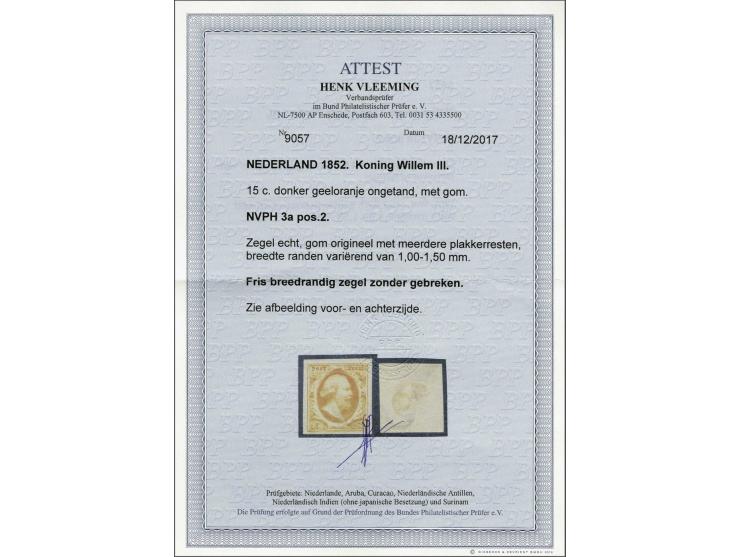 15 cent donkergeeloranje pos. 2, fris pracht ex. met certificaat Vleeming 2017, cat.w. 1200