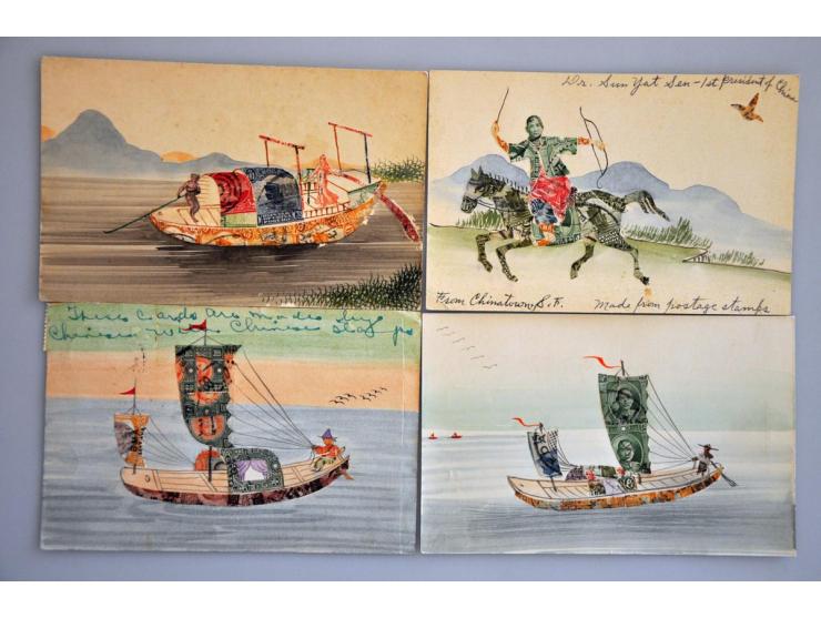 ca. 150 ex. oude handgemaakte kaarten van postzegels in album
