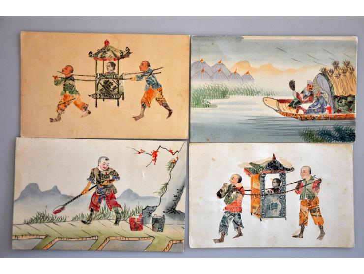ca. 150 ex. oude handgemaakte kaarten van postzegels in album