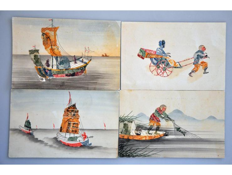 ca. 150 ex. oude handgemaakte kaarten van postzegels in album