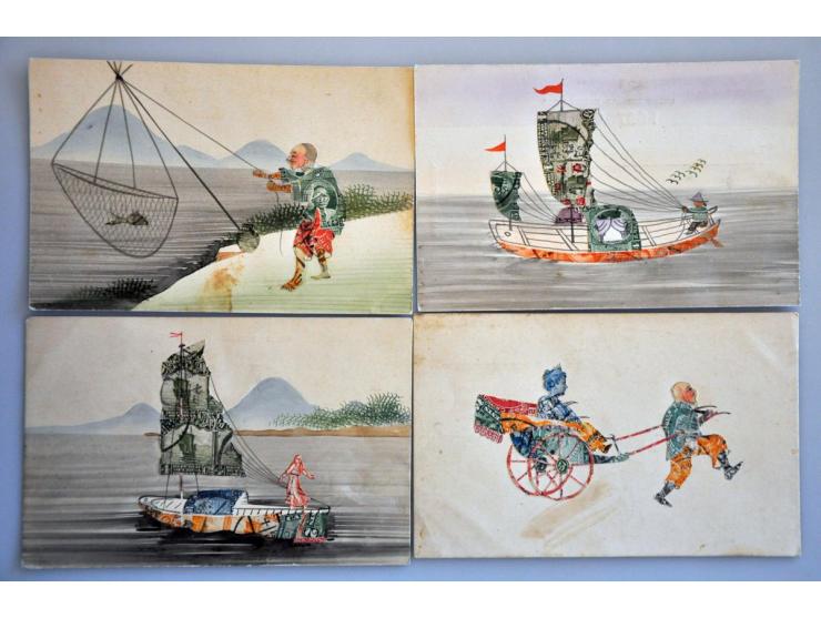 ca. 150 ex. oude handgemaakte kaarten van postzegels in album