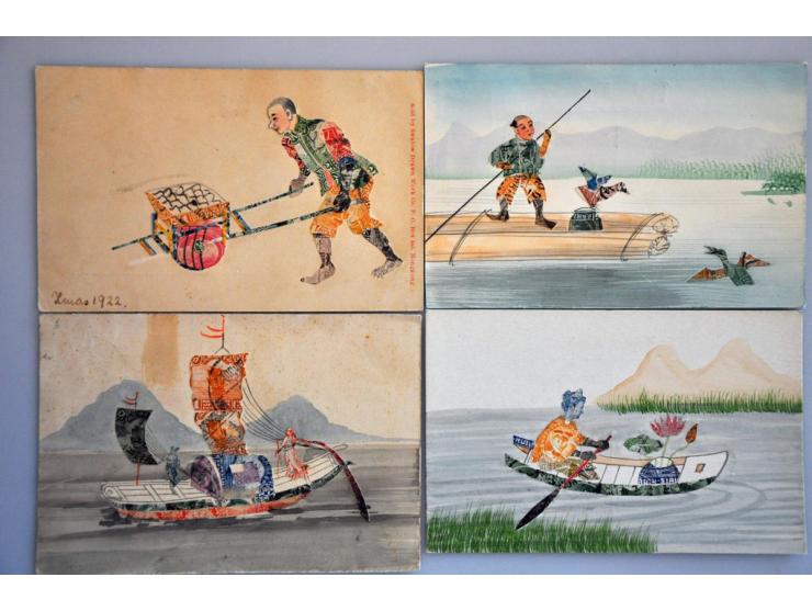 ca. 150 ex. oude handgemaakte kaarten van postzegels in album