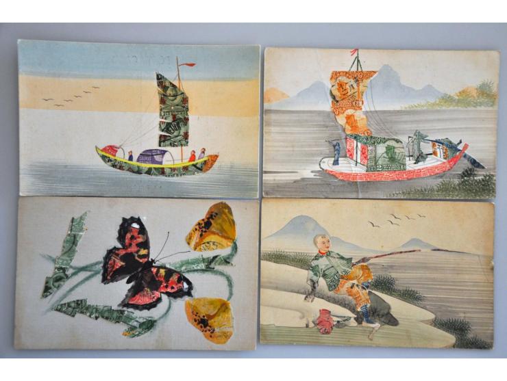 ca. 150 ex. oude handgemaakte kaarten van postzegels in album