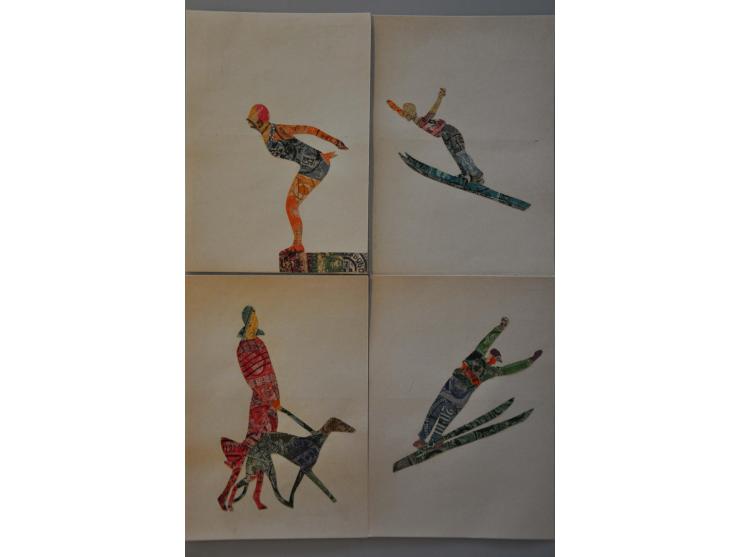 ca. 150 ex. oude handgemaakte kaarten van postzegels in album