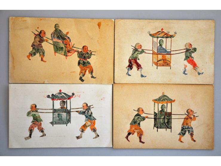 ca. 150 ex. oude handgemaakte kaarten van postzegels in album