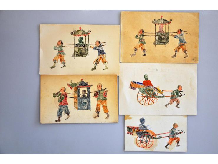 ca. 150 ex. oude handgemaakte kaarten van postzegels in album