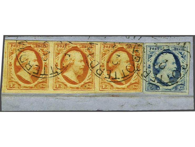 5 cent blauw plaat II pos. 9 en 15 cent donkeroranje pos. 53-55 in strip van 3 op fragment, pracht ex.