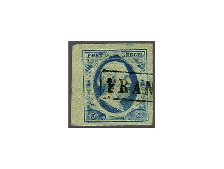 5 cent blauw plaat VI pos. 91 op dun papier met velrand, pracht ex.