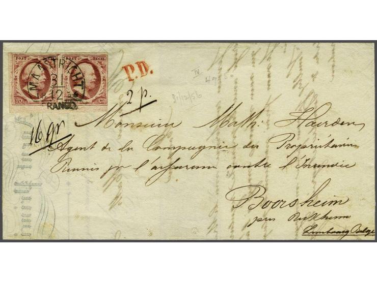 10 cent donkerrood plaat IV pos. 49-50 met velrand in paar op kwitantie van 16 gram van Maastricht 31-12-1856 via Tongeren na