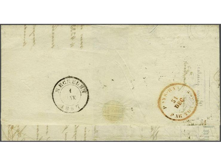 10 cent donkerrood plaat IV pos. 49-50 met velrand in paar op kwitantie van 16 gram van Maastricht 31-12-1856 via Tongeren na