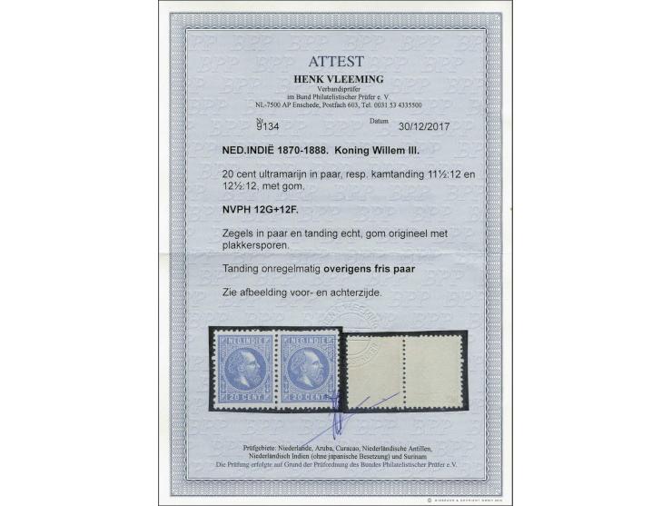 20 cent ultramarijn in gecombineerd tandingpaar 11½ x 12 en 12½ x 12, vrijwel pracht ex. (boventanding onregelmatig) met cert