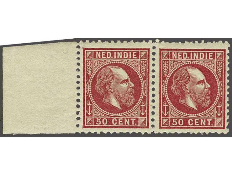 50 cent karmijn in gecombineerd tandingpaar 11½ x 12 en 12½ x 12 met velrand, pracht ex. (boventanding licht onregelmatig) me
