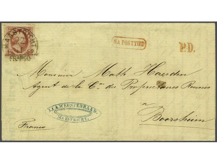 10 cent rood plaat V pos. 97 met mooi stempel Maastricht C klein (Ey 50) op vouwbrief naar Boorsheim in België (thans Boorsem