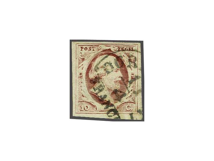Dordrecht A (Ey R) deels op 10 cent karmijn plaat I, pracht ex.,Het Corinphila archief meldt 9 afdrukken van dit stempel op d