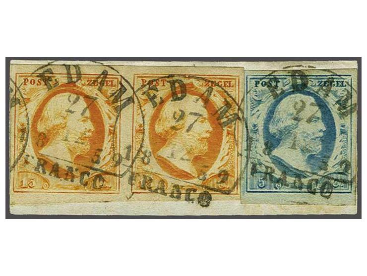 Edam B (Ey 125+250) op 5 cent lichtblauw plaat III en 15 cent donkeroranje in paar op fragment, pracht ex. Herkomst: collecti