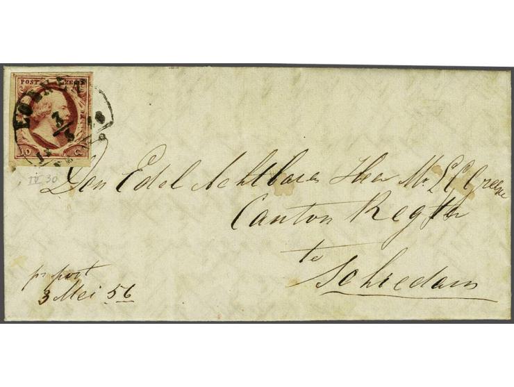 Loenen B (Ey 300) op 10 cent rood plaat IV op vouwbrief 3-5-1856 naar Schiedam, fris pracht ex.
