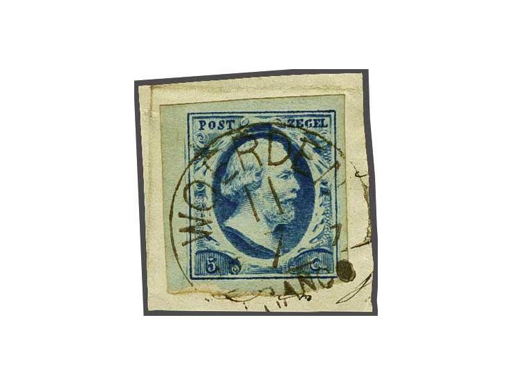 Woerden C (Ey 125) mooi op 5 cent blauw plaat III met velrand op fragment, pracht ex.