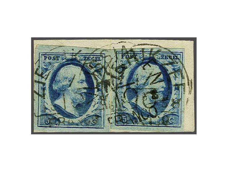 Zierikzee C (Ey 200) gestempeld over Vlissingen C groot (Ey 100) op 5 cent blauw plaat III pos. 40 en 78 op fragment, pracht 