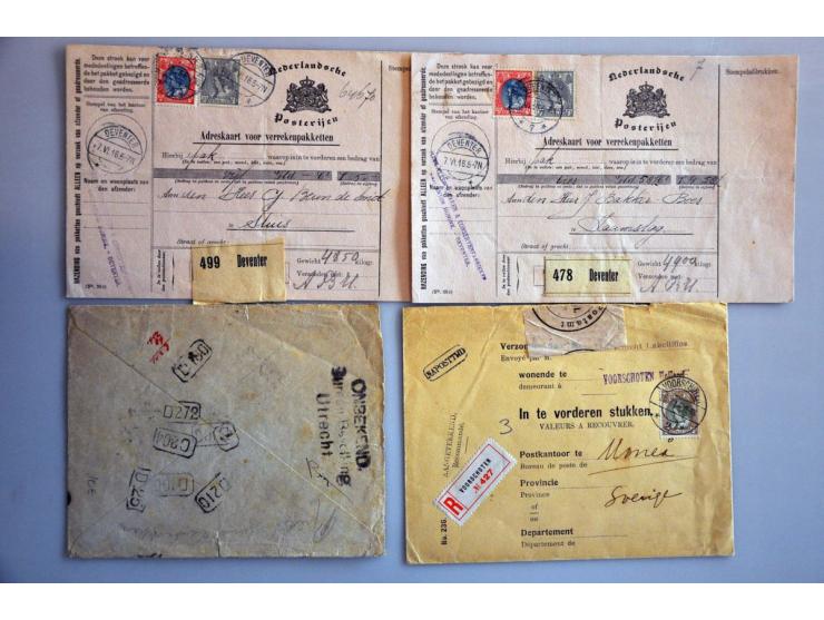 poststukken 1852-1928 meest betere w.b. nr. 6 verticaal paar, nr. 10 naar Danzig, nr. 11 naar New York, 1e aantekenstrookje (