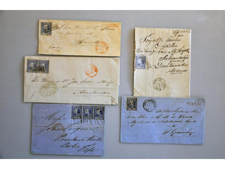 poststukken 1852-1928 meest betere w.b. nr. 6 verticaal paar, nr. 10 naar Danzig, nr. 11 naar New York, 1e aantekenstrookje (