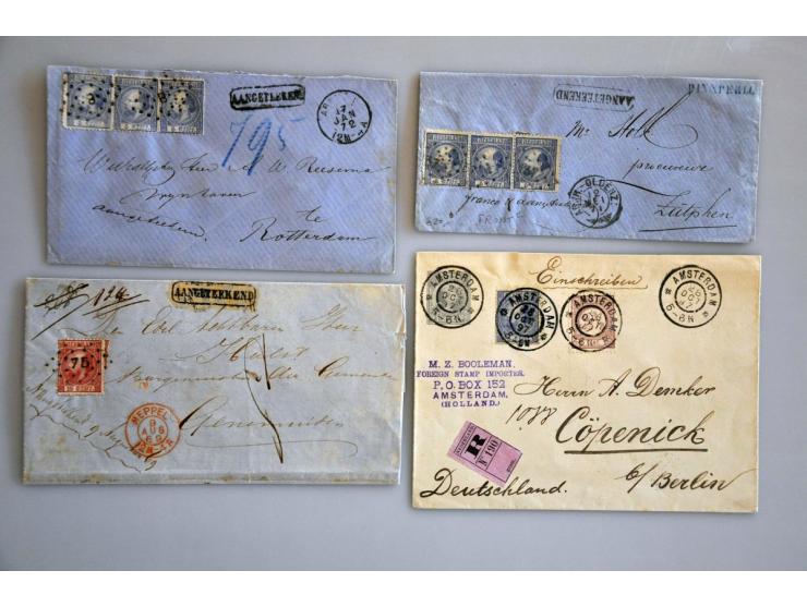 poststukken 1852-1928 meest betere w.b. nr. 6 verticaal paar, nr. 10 naar Danzig, nr. 11 naar New York, 1e aantekenstrookje (