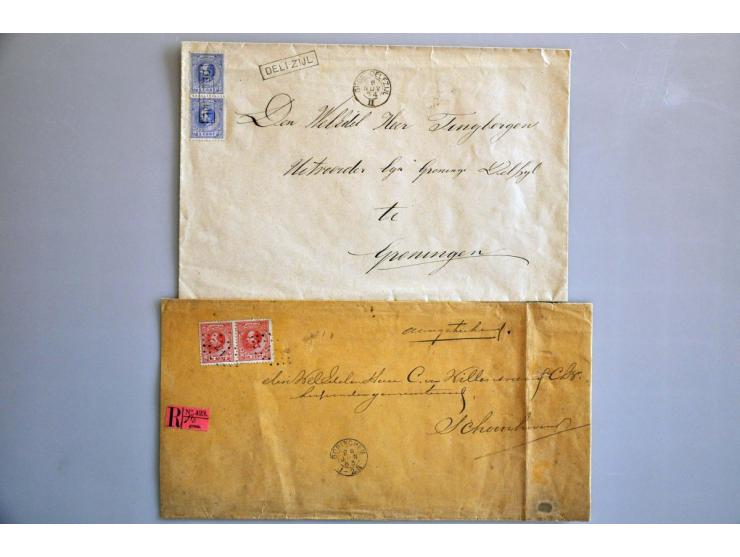 poststukken 1852-1928 meest betere w.b. nr. 6 verticaal paar, nr. 10 naar Danzig, nr. 11 naar New York, 1e aantekenstrookje (