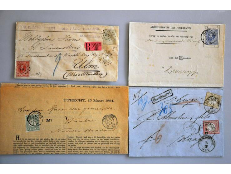 poststukken 1852-1928 meest betere w.b. nr. 6 verticaal paar, nr. 10 naar Danzig, nr. 11 naar New York, 1e aantekenstrookje (