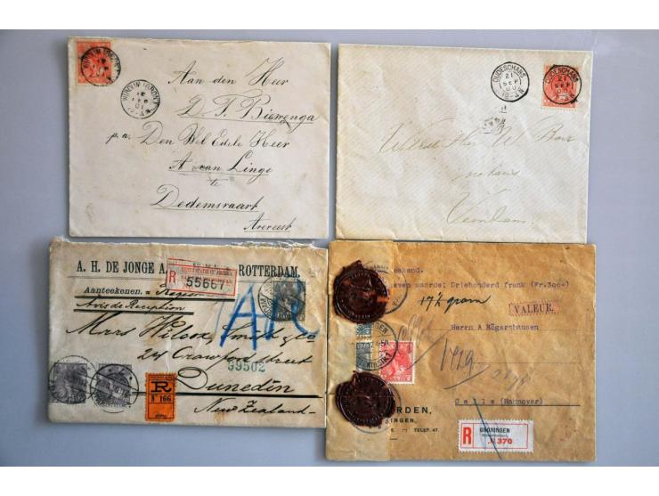 poststukken 1852-1928 meest betere w.b. nr. 6 verticaal paar, nr. 10 naar Danzig, nr. 11 naar New York, 1e aantekenstrookje (