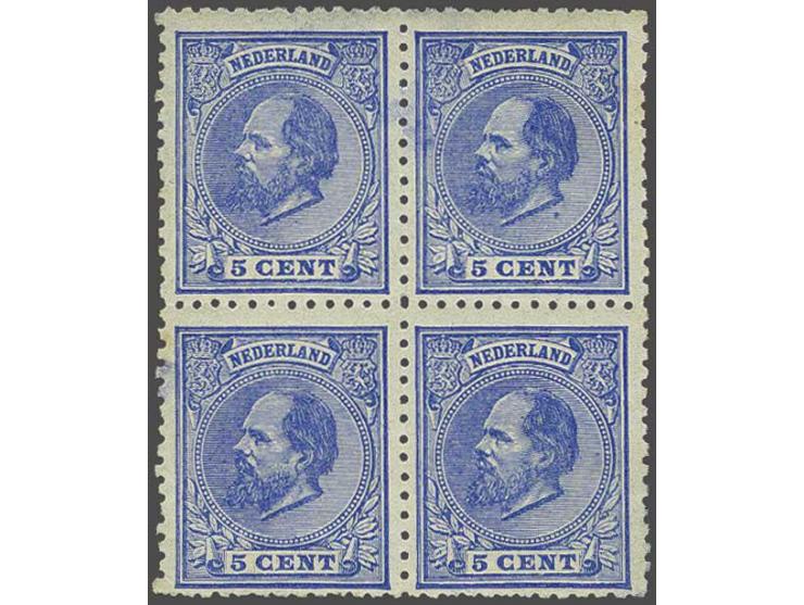 5 cent blauw tanding 12½ x 12 kleine gaten in blok van 4 met certificaat Vleeming 2016: Gom origineel en postfris. Alle zegel