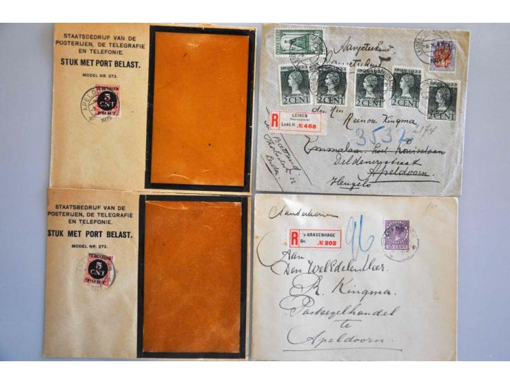 post(waarde)stukken, collectie van ca. 500 ex. w.b. betere Bontkraag frankeringen, Legioenzegels, Port belast etc. in 2 bande
