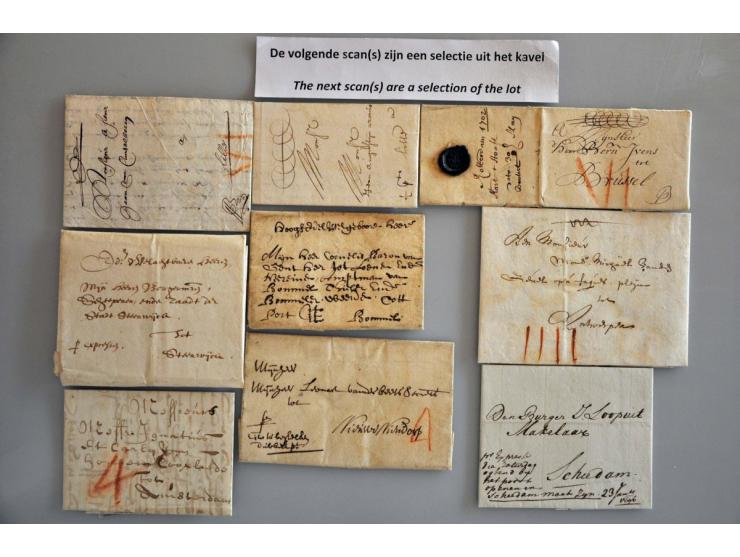 55 meest frisse poststukken tussen 1632 en 1715, veel naar Brussel en Antwerpen, w.b. met (port) aanduidingen, enkele ex. uit