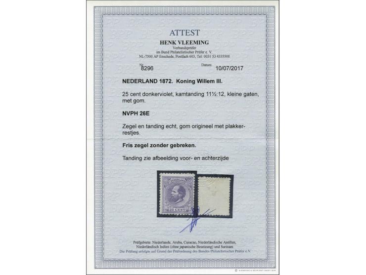25 cent donkerviolet tanding 11½ x 12 kleine gaten, pracht ex. (gom bijgewerkt) met certificaat Vleeming 2017, cat.w. 1200