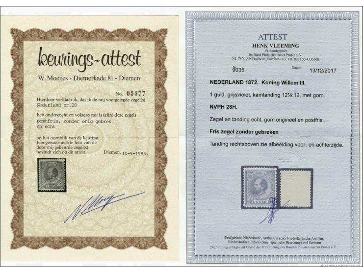 1 gulden grijsviolet met certificaten Moeijes 1986 en Vleeming 2017, hoektand rechtsboven zie foto, cat.w. 2500